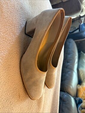 Andrew Geller Taupe Suede Block Heel Pumps
